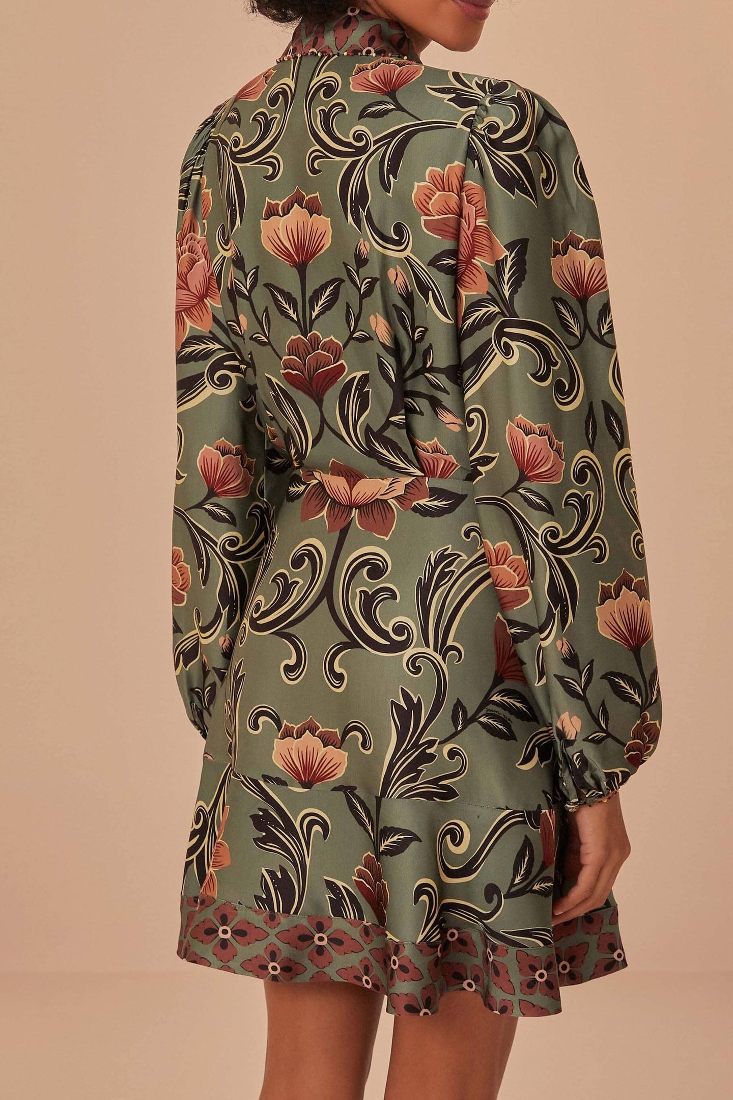 ARABESQUE FLORAL GREEN LONG SLEEVE MINI DRESS 2