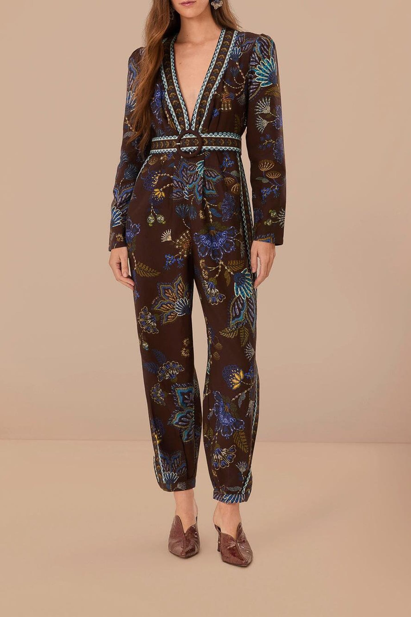 EMBROIDERED GARDEN BROWN V NECK JUMPSUIT 2