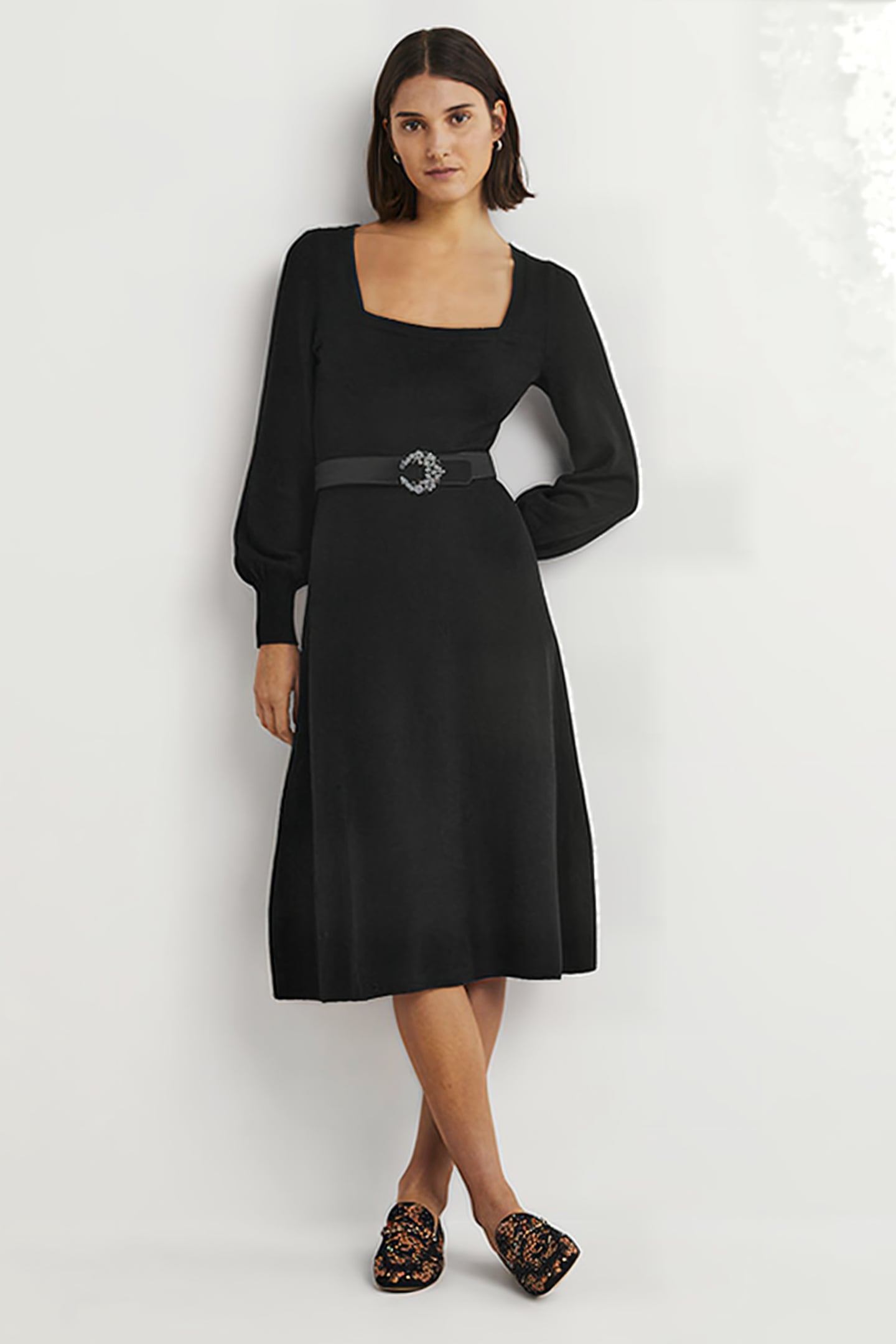 SQUARE NECK KNITTED DRESS BLK 1