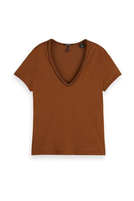 V-NECK TEE WITH LUREX PIPING IN TENCEL BLEND DRIFTWOOD by Scotch & Soda