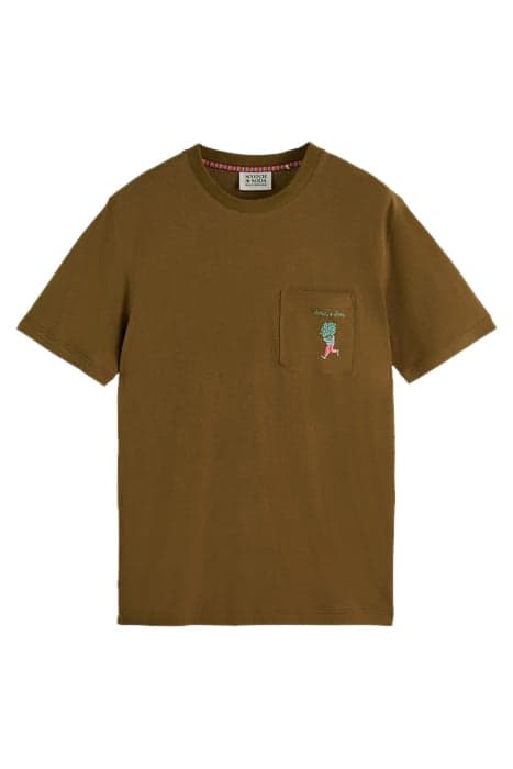 CHEST POCKET EMBROIDERED T-SHIRT IN COTTON/LYOCELL KHAKI by Scotch & Soda