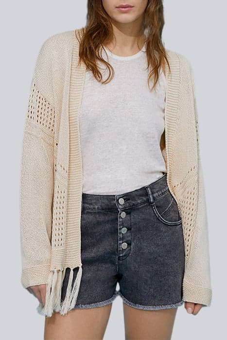 ECRU OPENWORK KNIT FRINGED CARDIGAN by IKKS