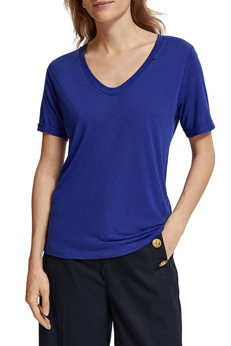 EMBROIDERED DETAIL V NECK T-SHIRT ELECTRIC BLUE by Scotch & Soda