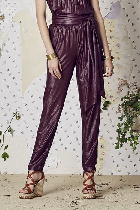 LAMINATED CHIFFON TROUSERS WITH LACE CIRUELA by OKY