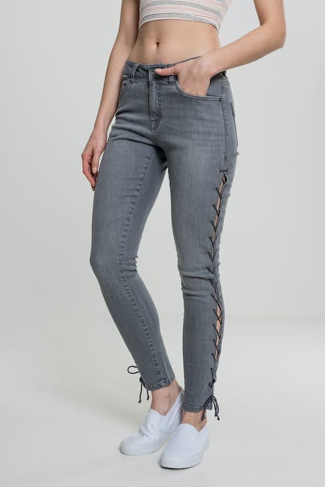 LADIES DENIM LACE UP SKINNY PANTS GREY by Urban Classics