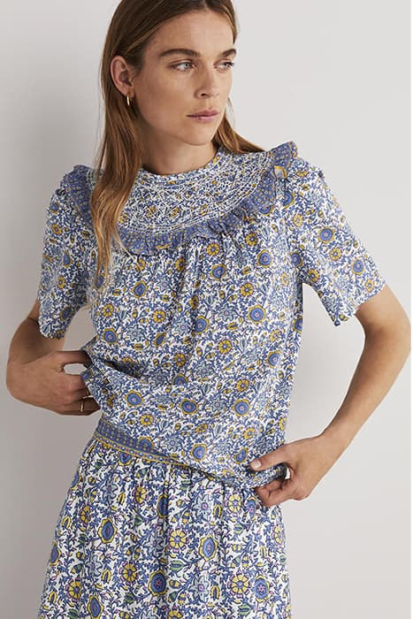 SMOCKED NECK PRINTED TOP IVO by Boden