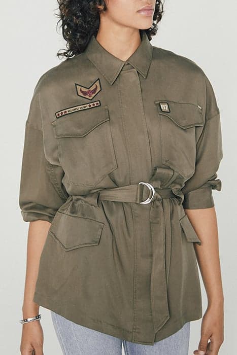 KHAKI TENCEL SAFARI JACKET, ARMY BADGES AND BELT by IKKS