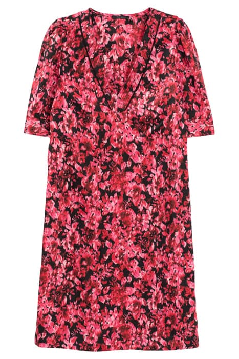 PINK FLORAL PRINT SATIN DRESS, TOPSTITCHED NECK by IKKS