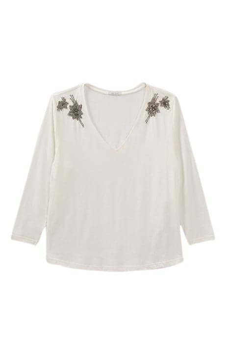 ECRU COTTON T-SHIRT, STAR-EMBROIDERED SHOULDERS by IKKS