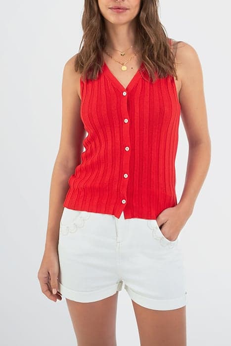 CHERRY RIBBED KNIT SLEEVELESS CARDIGAN by ICODE