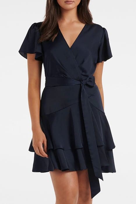 EMERSON FLUTTER SLEEVE SATIN MINI NAVY by Forever New