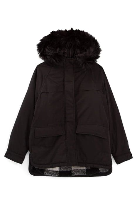 GIRLS’ BLACK CHECK SHERPA FUR-LINED PARKA by IKKS