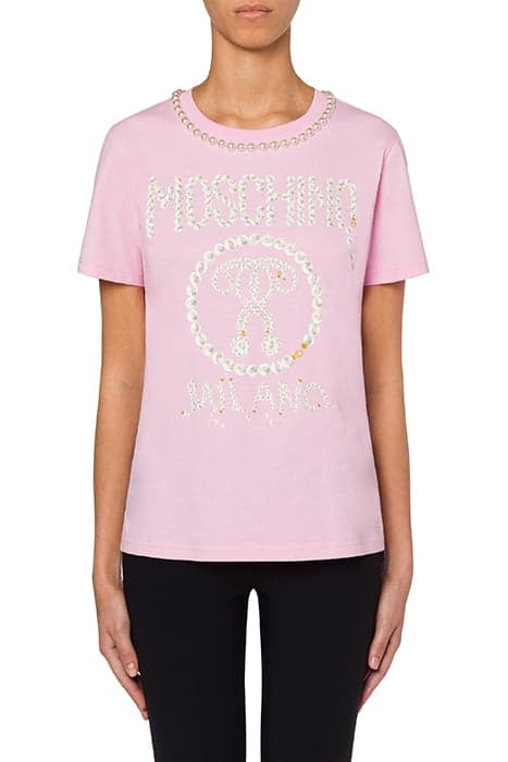 PEARLS DOUBLE QUESTION MARK JERSEY T-SHIRT PINK by Moschino