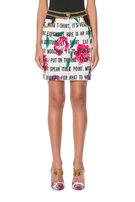 SLOGAN & FLOWERS GABARDINE SKIRT WHITE by Moschino