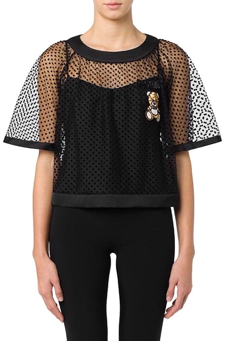 TEDDY EMBROIDERY PLUMETIS TULLE TOP BLACK by Moschino