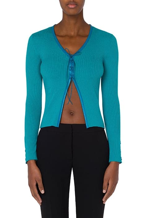 BONDAGE LACING WOOL CARDIGAN LIGHT BLUE by Moschino