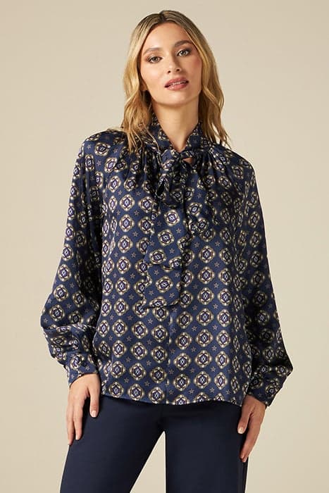 PATTERNED SATIN BLOUSE WITH BOW BLUE by Oltre