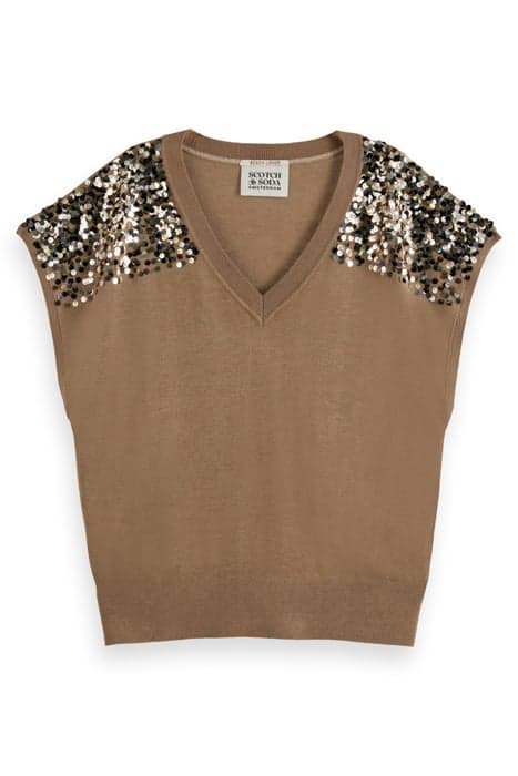 EMBELLISHED SHOULDER V NECK PULLOVER LIGHT ARMY MELANGE by Scotch & Soda