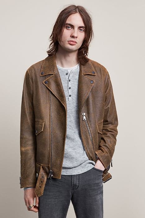 ZIP CLOSURE BELTED BIKER JACKET WITH VER DARK BROWN by John Varvatos