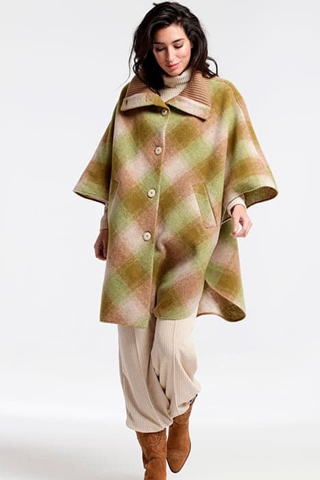 WOOL CHECK LUNES CAPE WITH BUTTONS GREEN by OKY