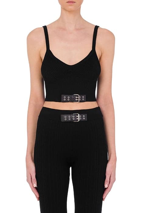 BIKER BUCKLES STRETCH KNIT CROP TOP BLACK by Moschino