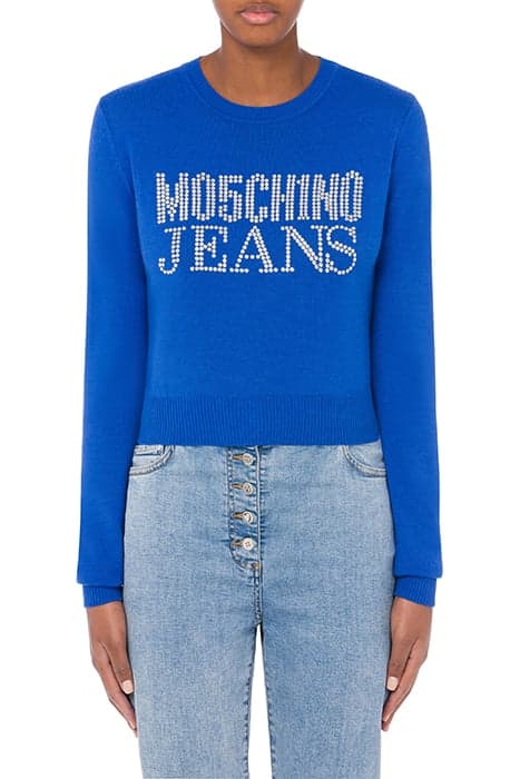 RHINESTONE LOGO WOOL BLEND SWEATER BLUE by Moschino