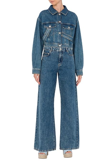 SUSPENDERS CROPPED DENIM JACKET BLUE by Moschino