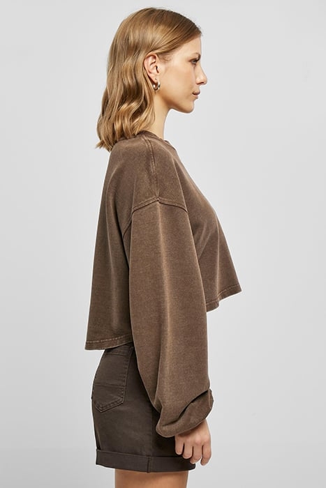 LADIES CROPPED SMALL EMBROIDERY TERRY CREWNECK BROWN 7