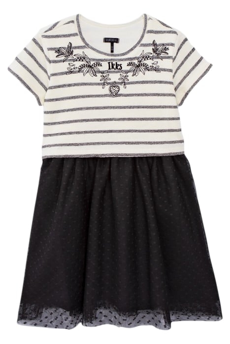 GIRLS' ECRU DRESS, BLACK STRIPED MIXED-FABRIC TUTU SKIRT 1